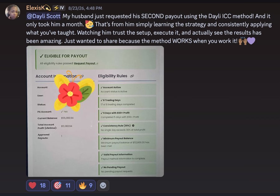 Discord member ElexisK sharing her husband's second payout using the Dayli ICC method